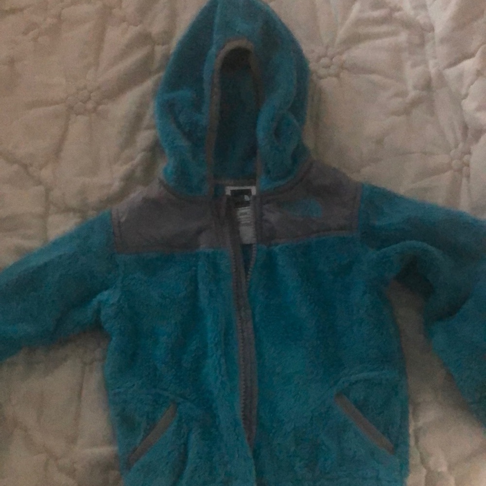 Blue fleece Denali north face jacket.